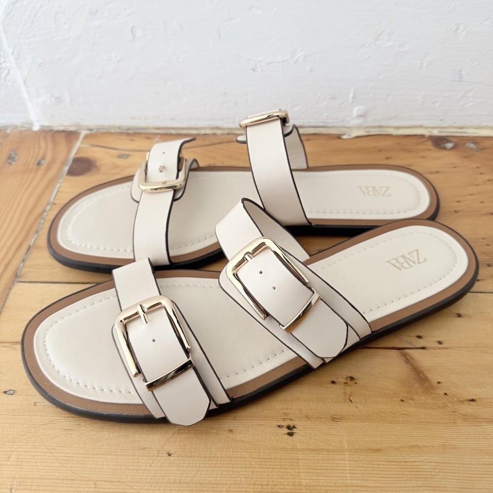 Zara Double Buckle Slide Sandals Womens 39 Cream Gold Minimalist Quiet Luxury - Picture 3 of 6